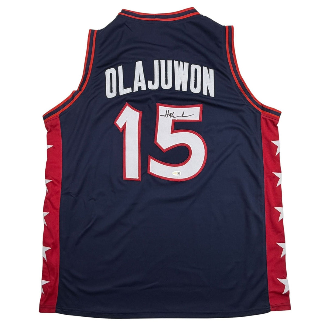 Autographed/Signed Hakeem Olajuwon United States USA Blue Jersey JSA COA