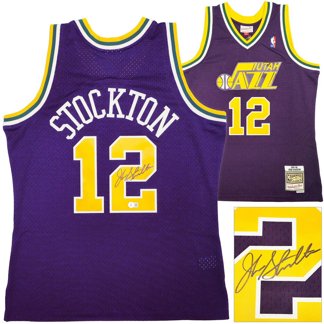 Jazz John Stockton Auto Purple Authentic Mitchell Ness 91 HWC Swingman Jersey L