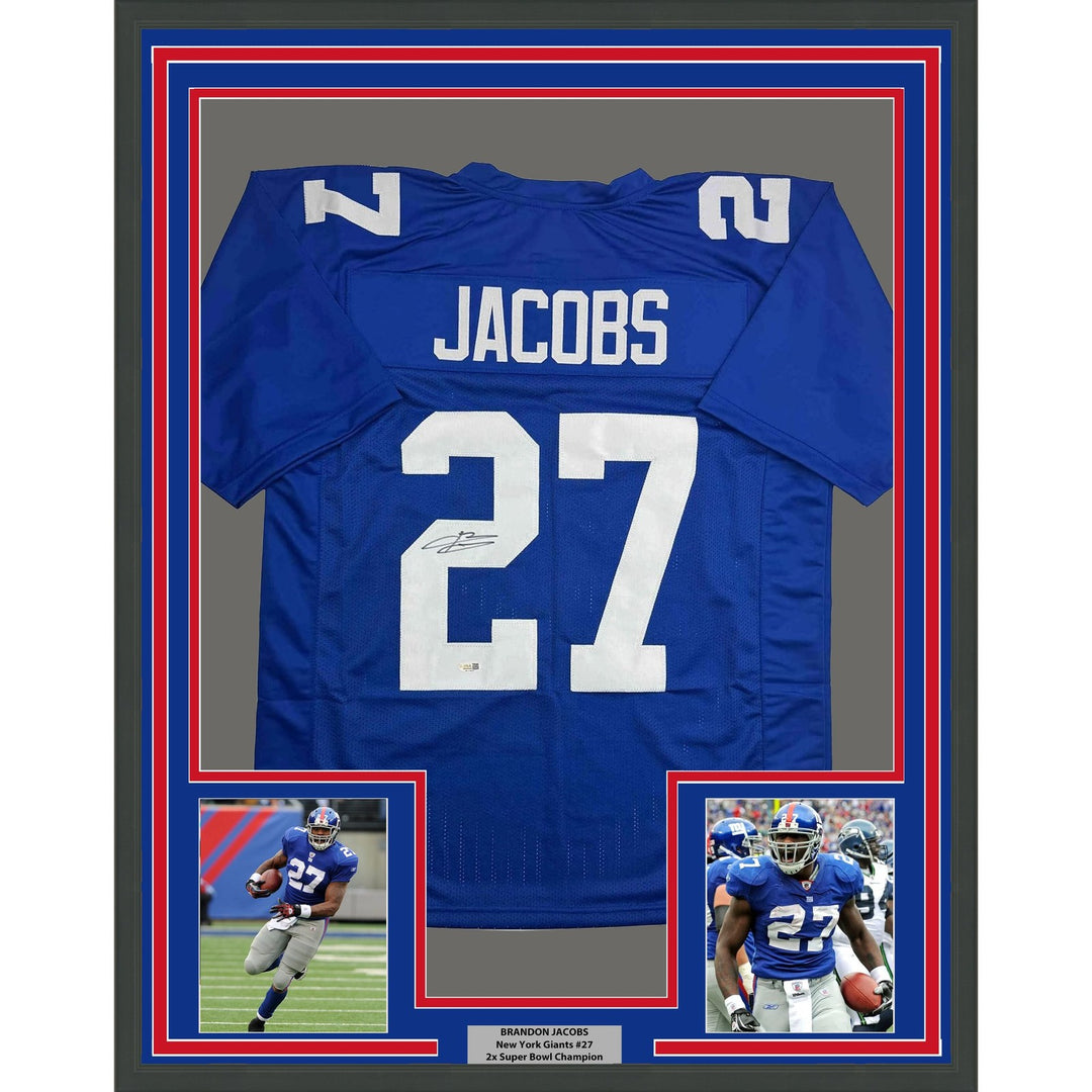 Framed Autographed/Signed Brandon Jacobs 35x39 New York Blue Jersey BAS COA