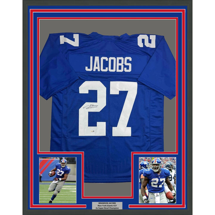 Framed Autographed/Signed Brandon Jacobs 35x39 New York Blue Jersey BAS COA