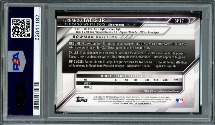 Fernando Tatis Jr. Auto 2016 Bowman Prospects Yellow RC BP17 PSA 9 Sig 9 PSA/DNA