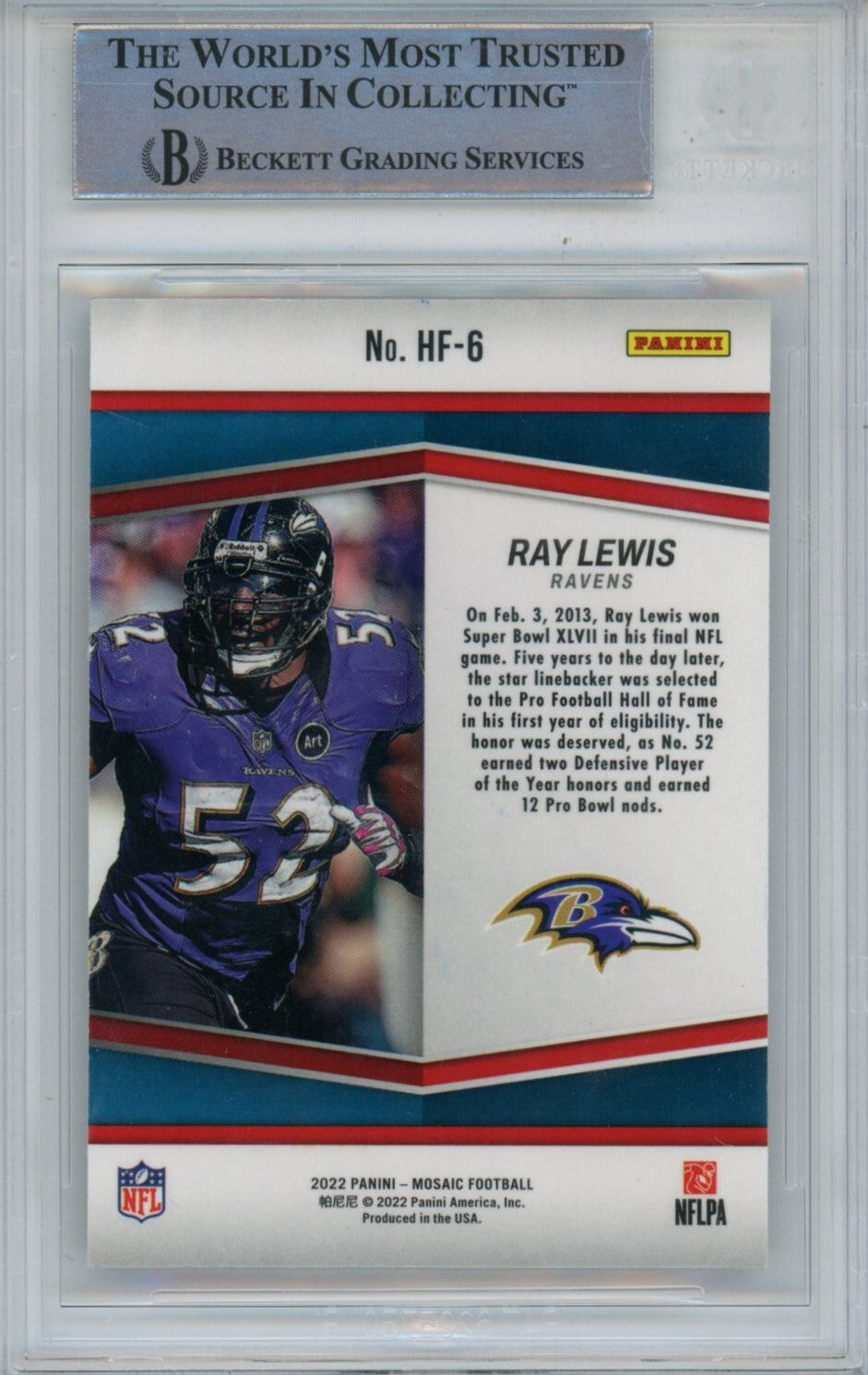 Ray Lewis Autographed 2022 Mosaic HF-6 Trading Card Beckett 43922