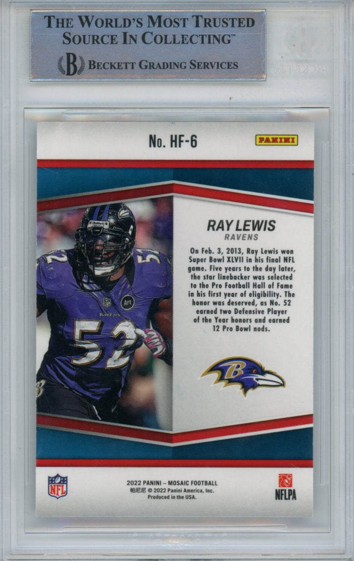 Ray Lewis Autographed 2022 Mosaic HF-6 Trading Card Beckett 43922