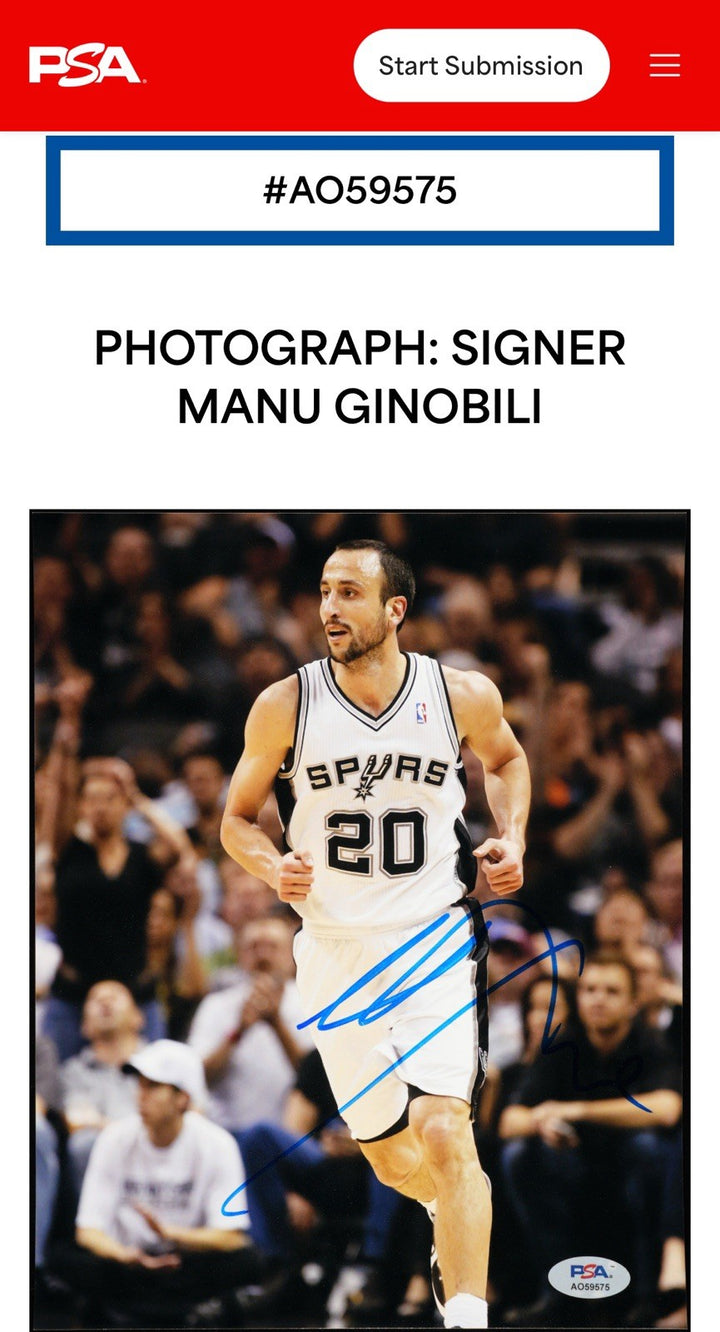 Manu Ginobili Signed 8x10 Framed Photo San Antonio Spurs Auto Champion PSA COA