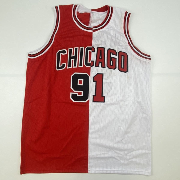 Autographed/Signed Dennis Rodman Chicago Split Jersey Beckett BAS COA
