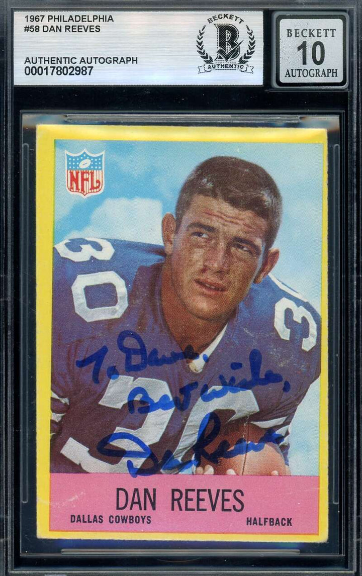 Dan Reeves Gem Mint 10 Beckett BAS Signed 1967 Philadelphia Gum Rookie Autograph
