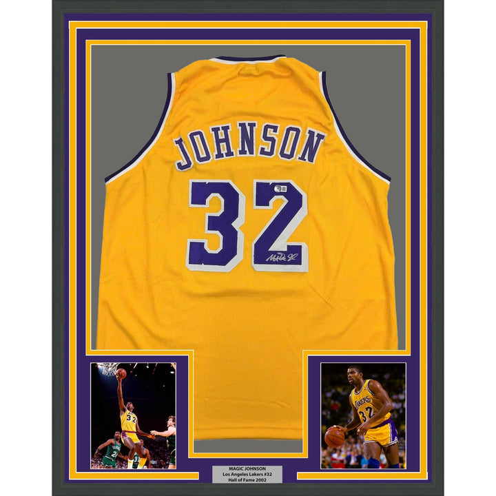 Framed Autographed/Signed Earvin Magic Johnson 35x39 LA Yellow Jersey COA