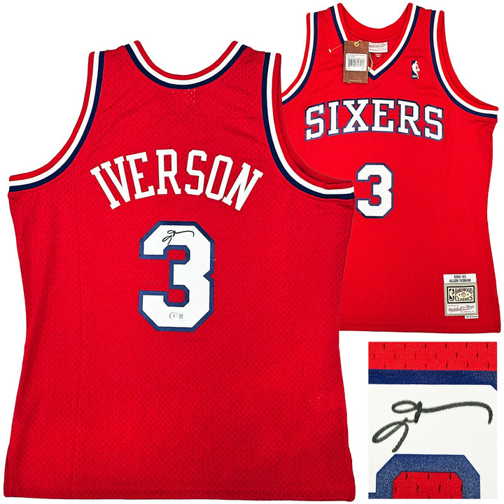 76ers Allen Iverson Auto Red Auth Mitchell Ness 02-03 HWC Swingman Jersey L BAS