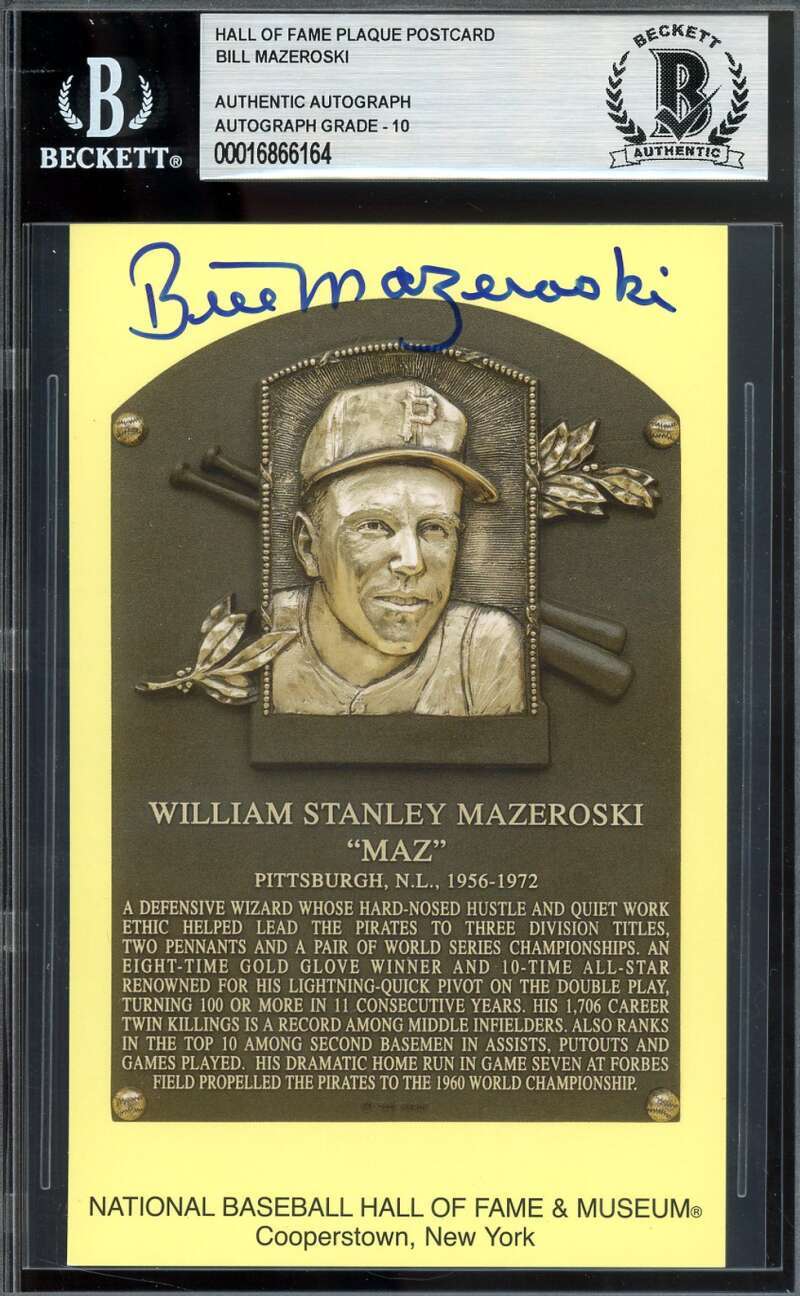 Bill Mazeroski Gem Mint 10 Beckett BAS Signed Gold HoF Plaque Postcard Autograph