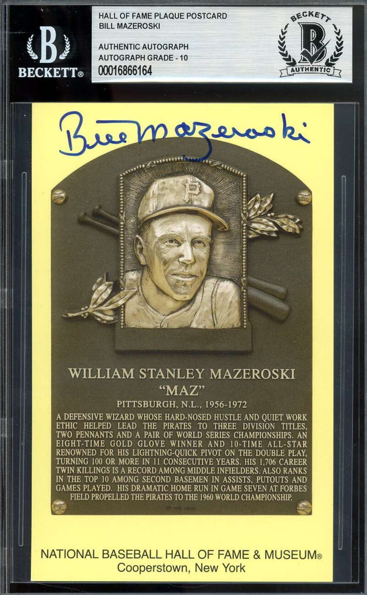 Bill Mazeroski Gem Mint 10 Beckett BAS Signed Gold HoF Plaque Postcard Autograph