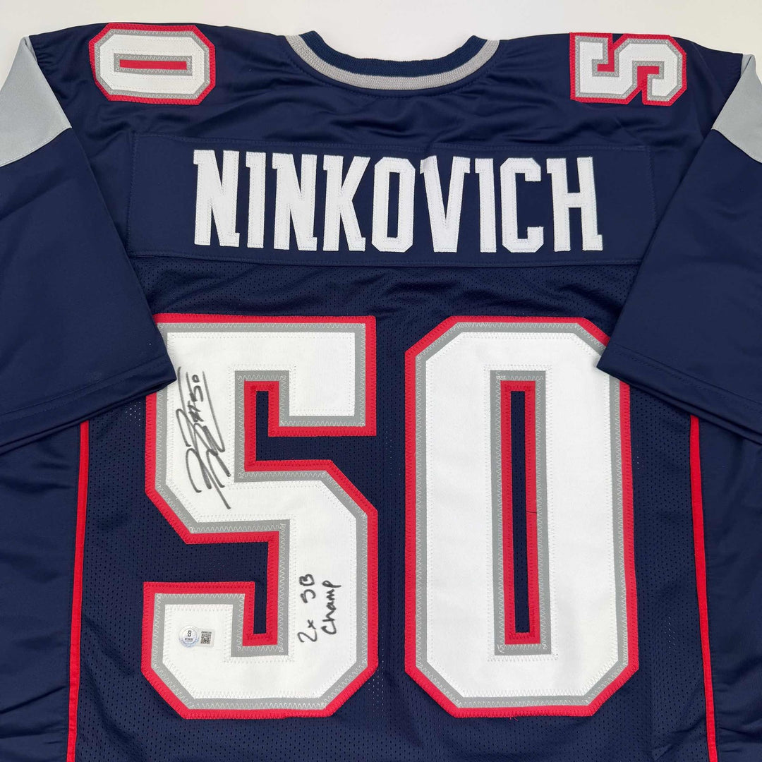 Autographed/Signed Rob Ninkovich "2x SB Champ" Blue Jersey Beckett BAS COA