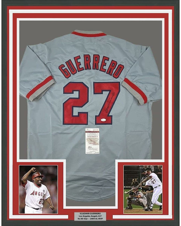 FRAMED Autographed/Signed VLADIMIR VLAD GUERRERO 33x42 Grey Jersey JSA COA
