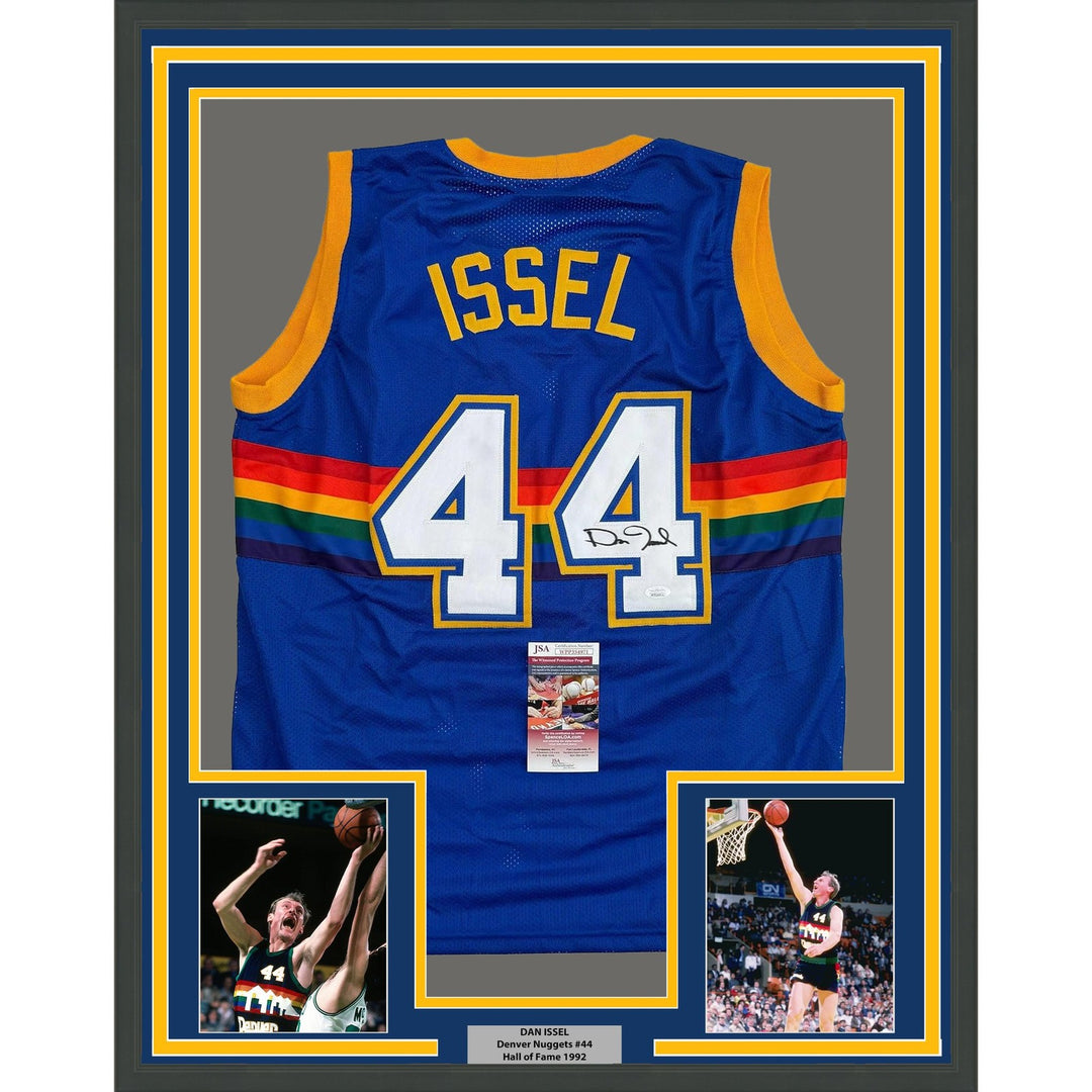 Framed Signed Dan Issel 35x39 Denver Blue Rainbow Jersey JSA COA