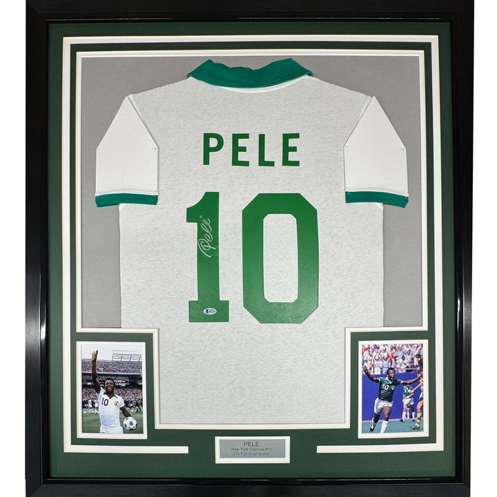 Framed Autographed/Signed Pele 35x39 New York Cosmos White Soccer Jersey BAS COA
