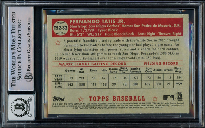 Fernando Tatis Jr. Auto 2021 Topps 1952 Redux Card T52-32 Padres Auto 10 Beckett