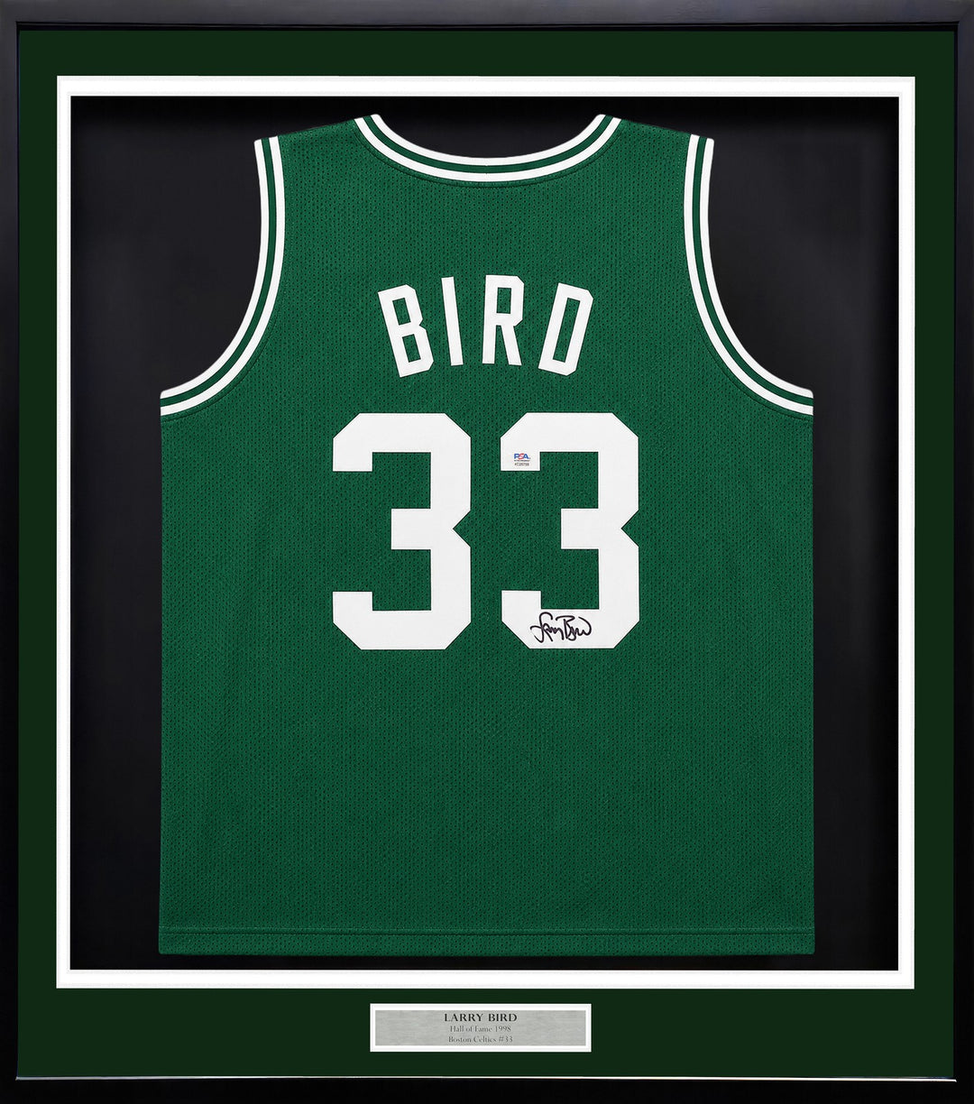 Boston Celtics Larry Bird Signed Framed Green Jersey PSA/DNA