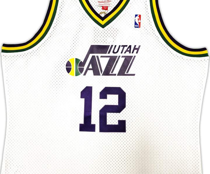 Jazz John Stockton Auto White Auth Mitchell Ness 91-92 HWC Swingman Jersey BAS