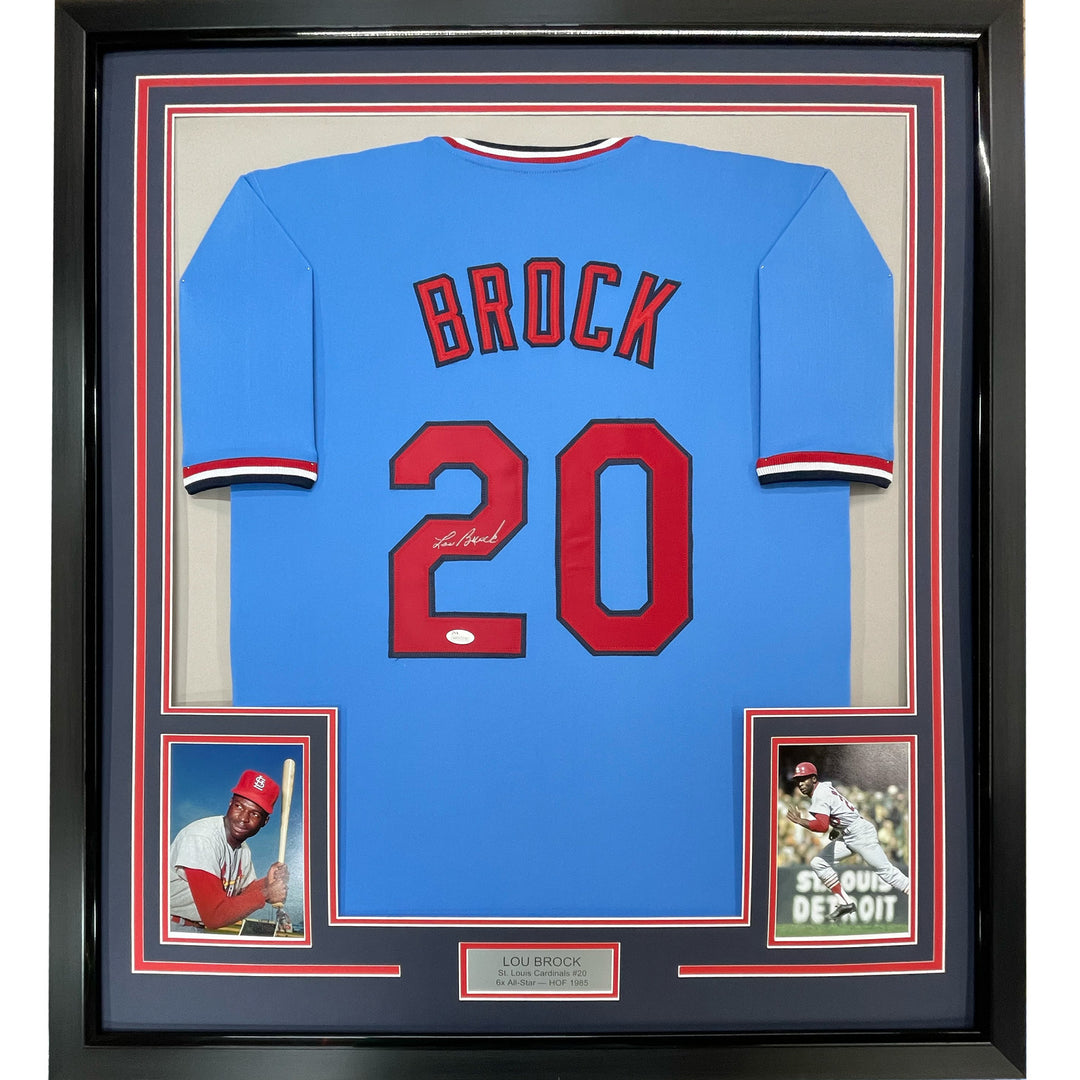 FRAMED Autographed/Signed LOU BROCK 33x42 St. Louis Blue Jersey JSA COA Auto