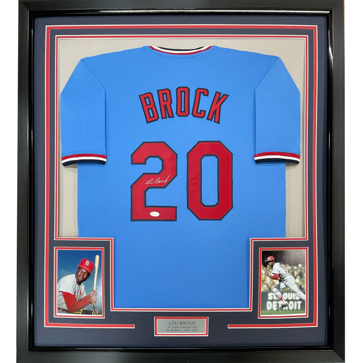 FRAMED Autographed/Signed LOU BROCK 33x42 St. Louis Blue Jersey JSA COA Auto
