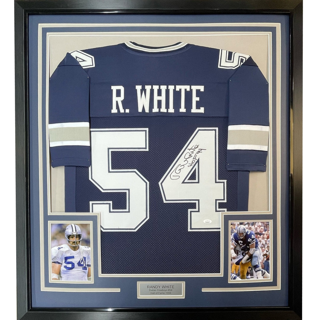 FRAMED Autographed/Signed RANDY WHITE 33x42 Dallas Blue Jersey JSA COA