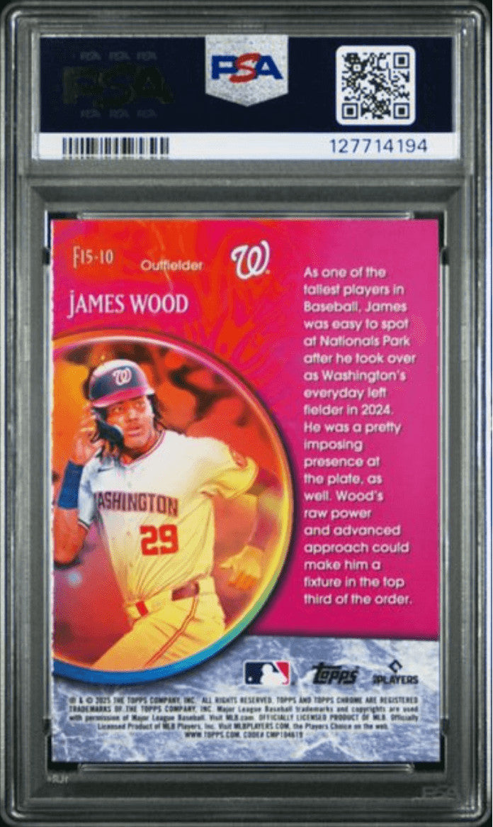 Graded 2025 Topps Chrome James Wood #F15-10 Fortune 15 Rookie Card PSA 10
