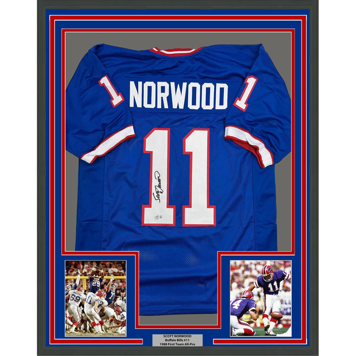 Framed Autographed/Signed Scott Norwood 35x39 Buffalo Blue Jersey Beckett COA