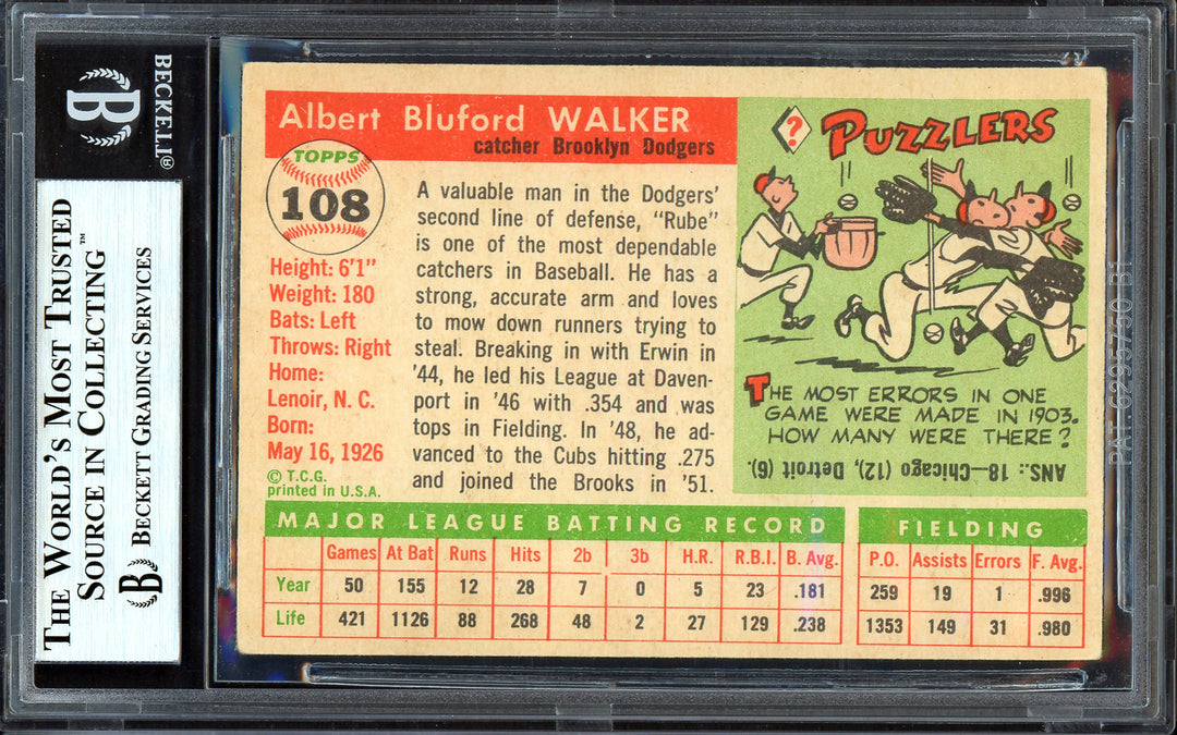 Al "Rube" Walker Signed 1955 Topps Card 108 Brooklyn Dodgers Beckett #13610047