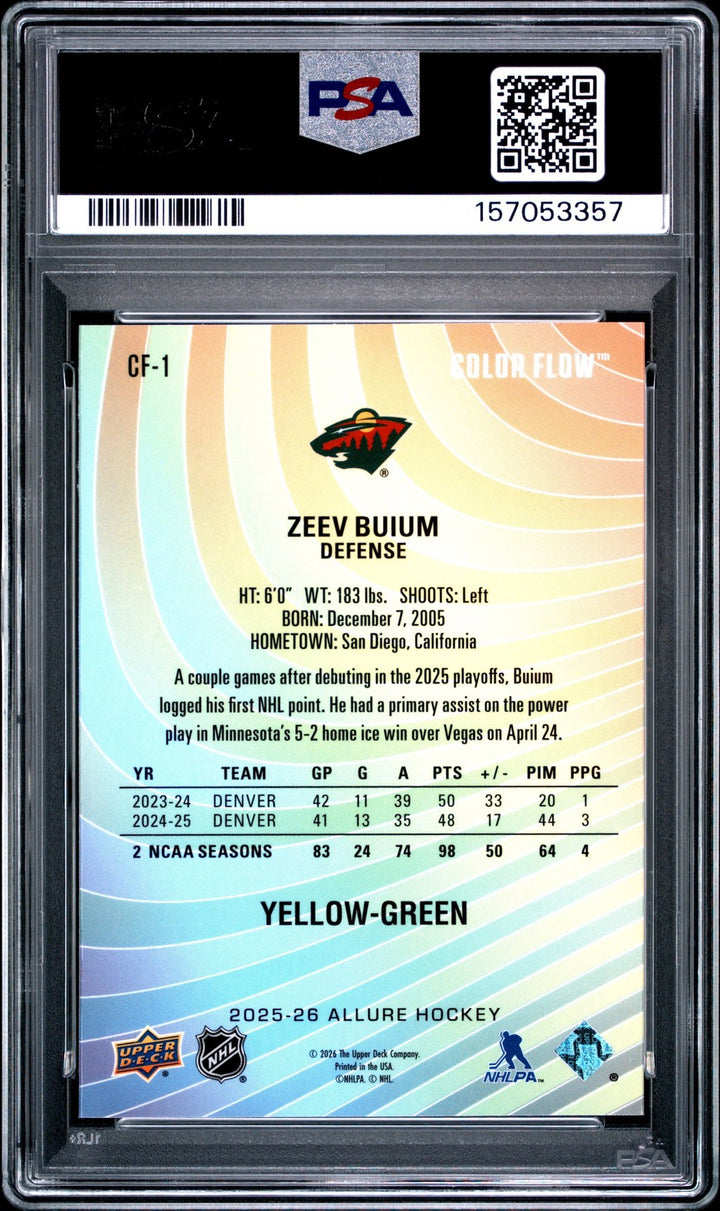 Graded 2025 UD Allure Zeev Buium #CF1 Yellow-Green Rookie RC Card PSA 10