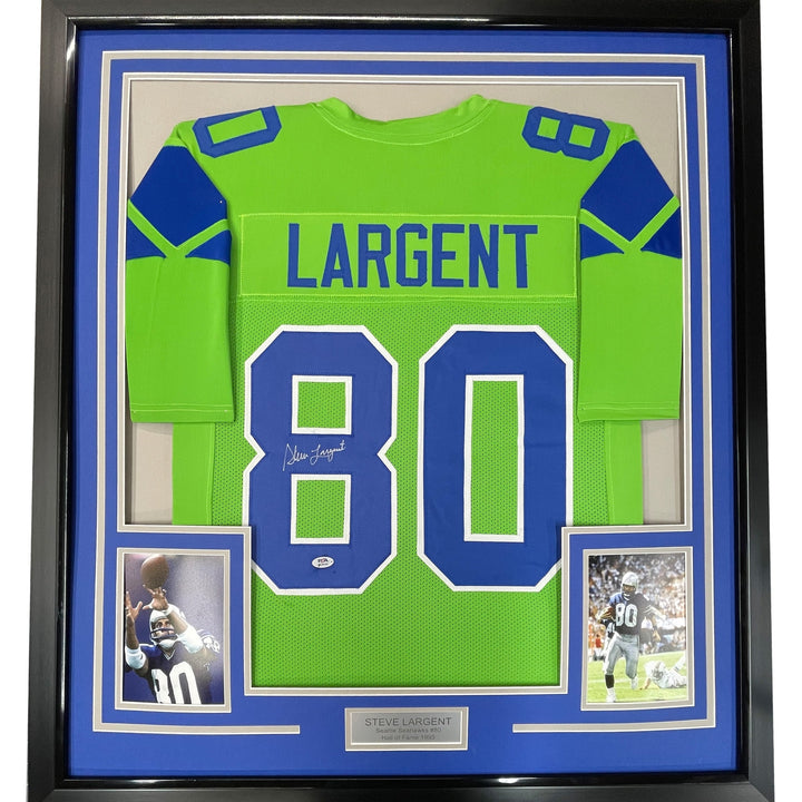 Framed Autographed/Signed Steve Largent 33x42 Seattle Green Jersey PSA/DNA COA