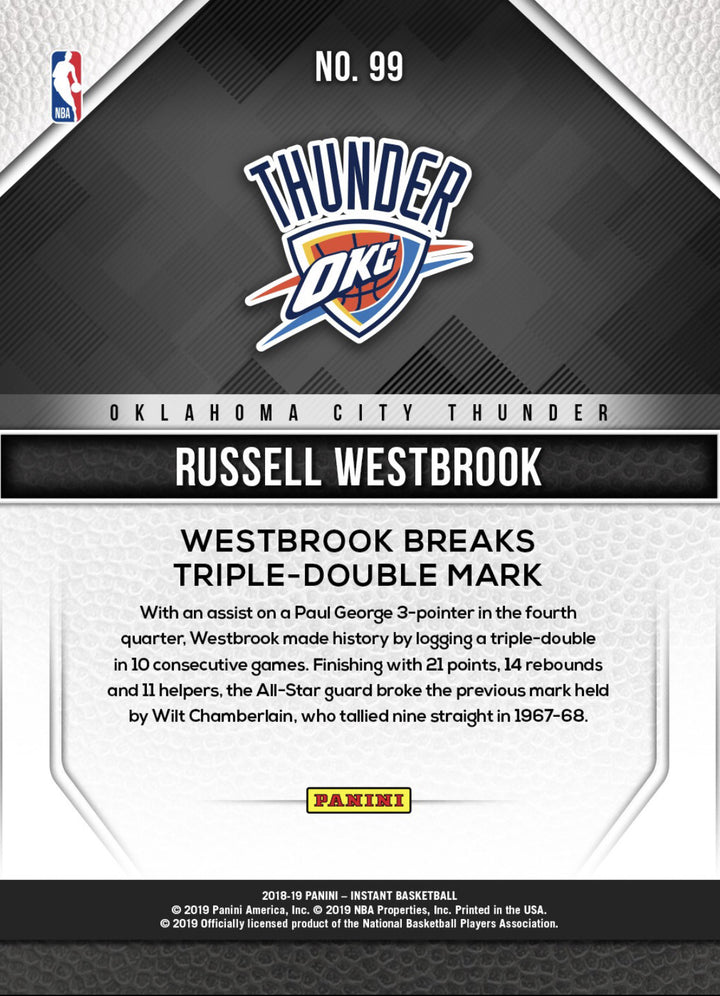 2018-19 RUSSELL WESTBROOK BREAKS TRIPLE-DOUBLE MARK PANINI INSTANT OKC CARD #99