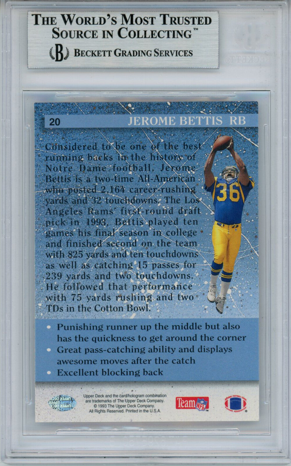 Jerome Bettis Autographed 1993 Upper Deck #20 Rookie Card Beckett Slab 33760