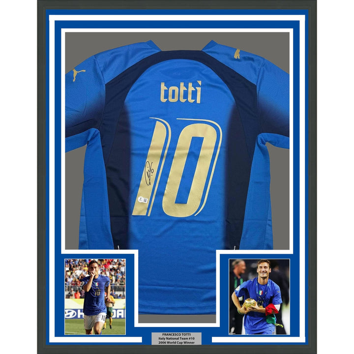 Framed Signed Francesco Totti 35x39 Italy Blue Futbol Jersey BAS COA