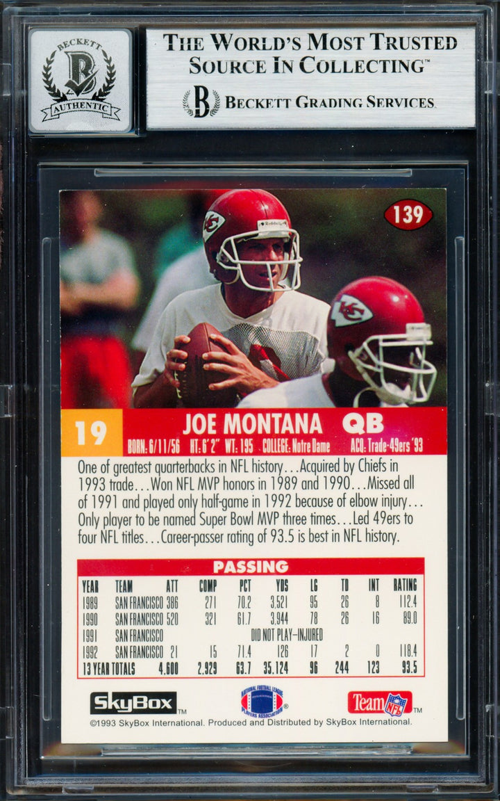 Joe Montana Signed 1993 Skybox Card 139 Kansas City Chiefs Auto GM 10 Beckett