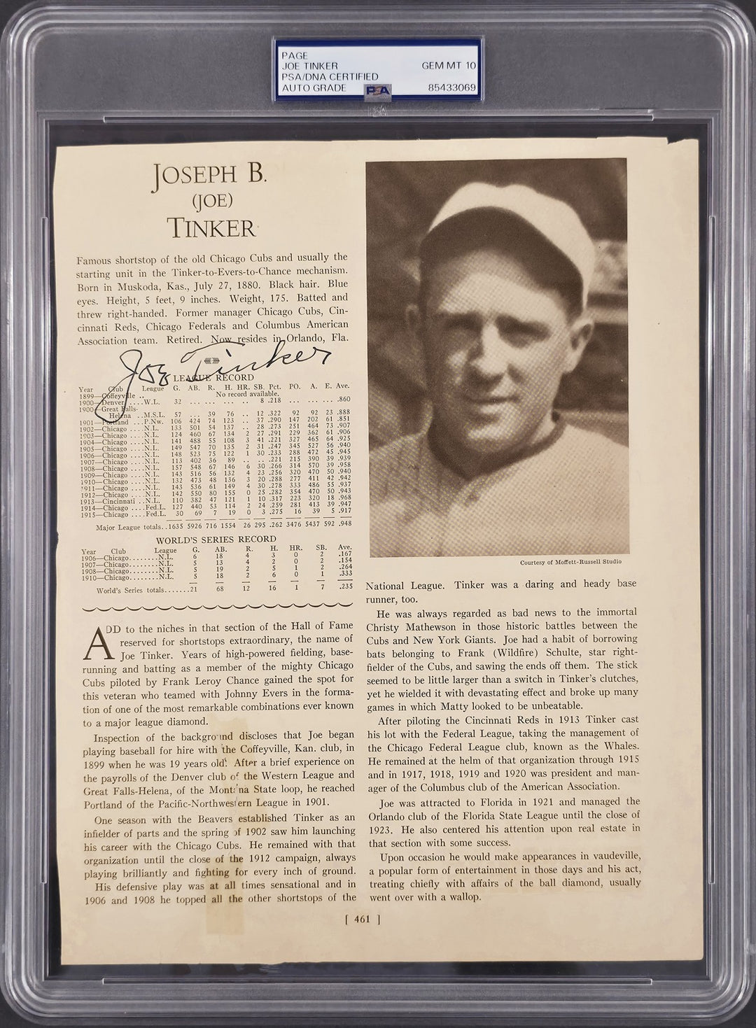 Joe Tinker Signed 8.5x11 Magazine Page Chicago Cubs Auto GM 10 PSA/DNA #85433069
