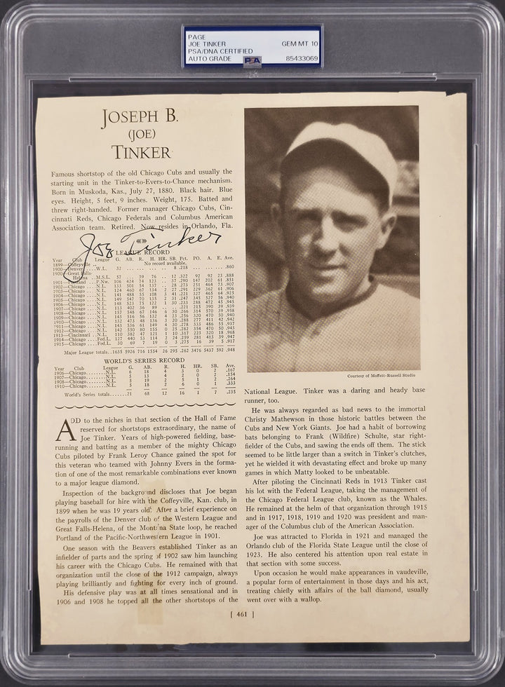Joe Tinker Signed 8.5x11 Magazine Page Chicago Cubs Auto GM 10 PSA/DNA #85433069