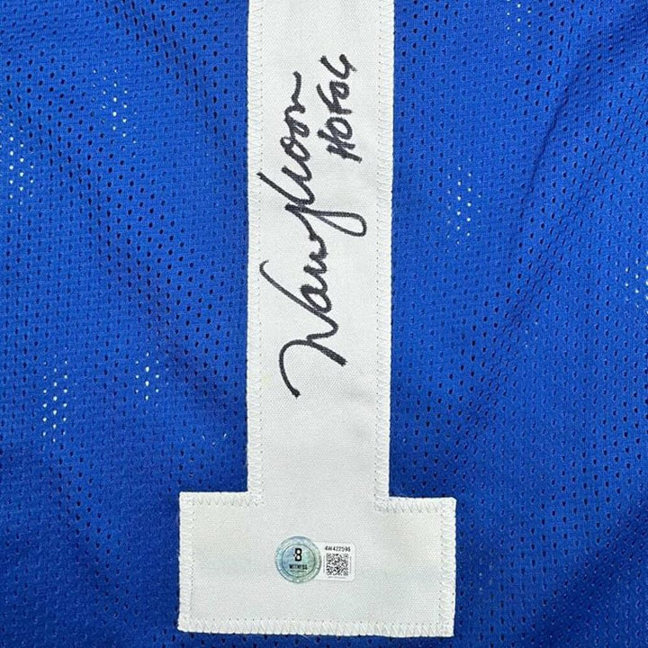Framed Autographed/Signed Warren Moon 35x39 Seattle Blue Jersey Beckett BAS COA