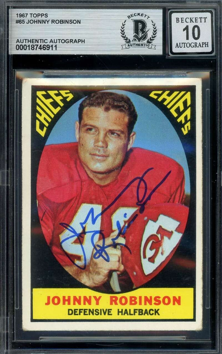 Johnny Robinson Gem Mint 10 Beckett BAS Signed 1967 Topps Autograph Chiefs