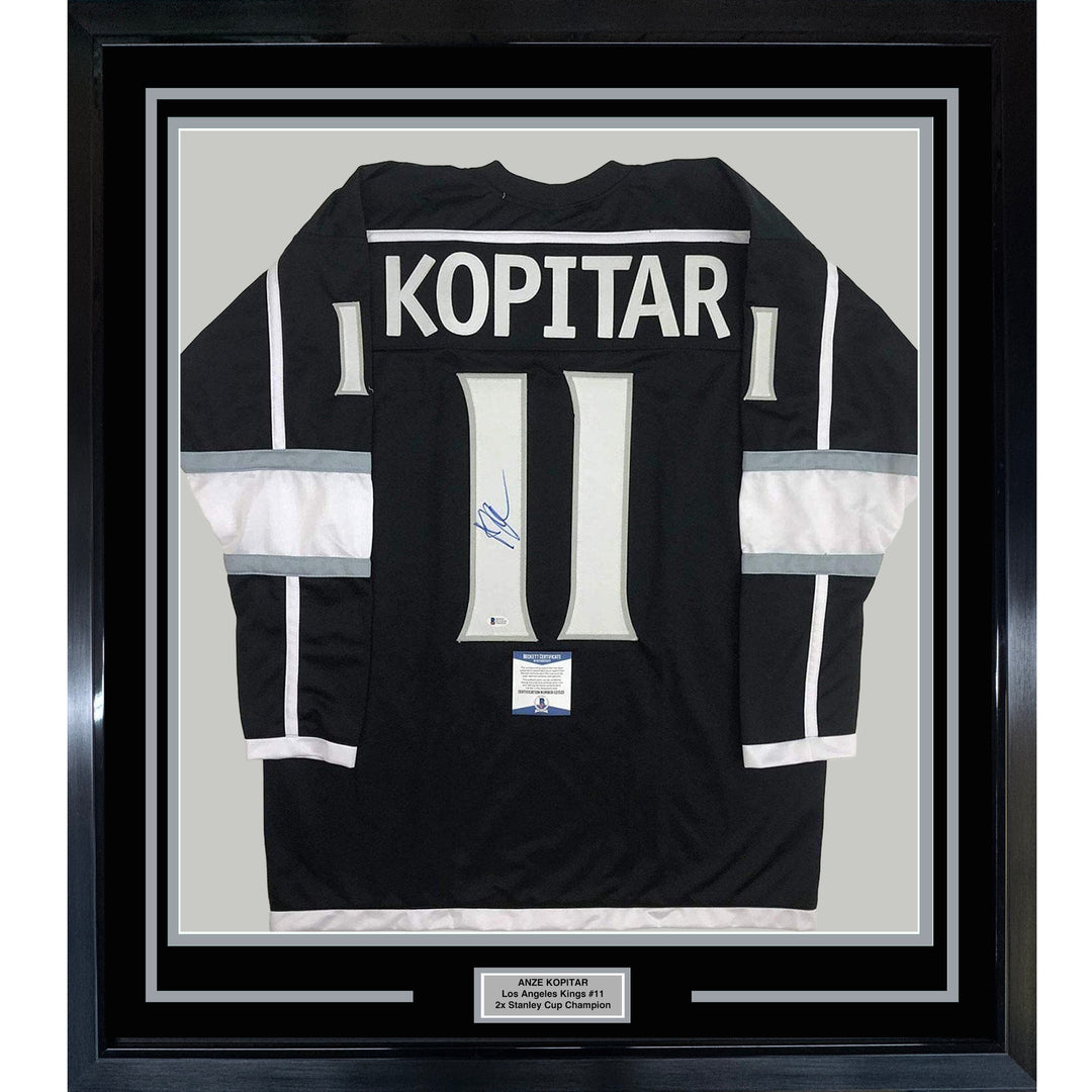 Framed Autographed/Signed Anze Kopitar 35x39 Los Angeles LA Black Jersey JSA COA