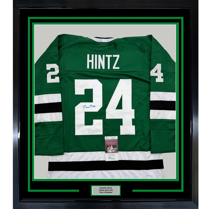 Framed Autographed/Signed Roope Hintz 35x39 Dallas Green Jersey JSA COA