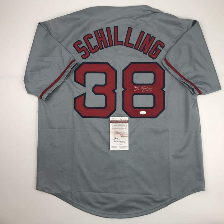 Autographed/Signed CURT SCHILLING Boston Grey Baseball Jersey JSA COA Auto