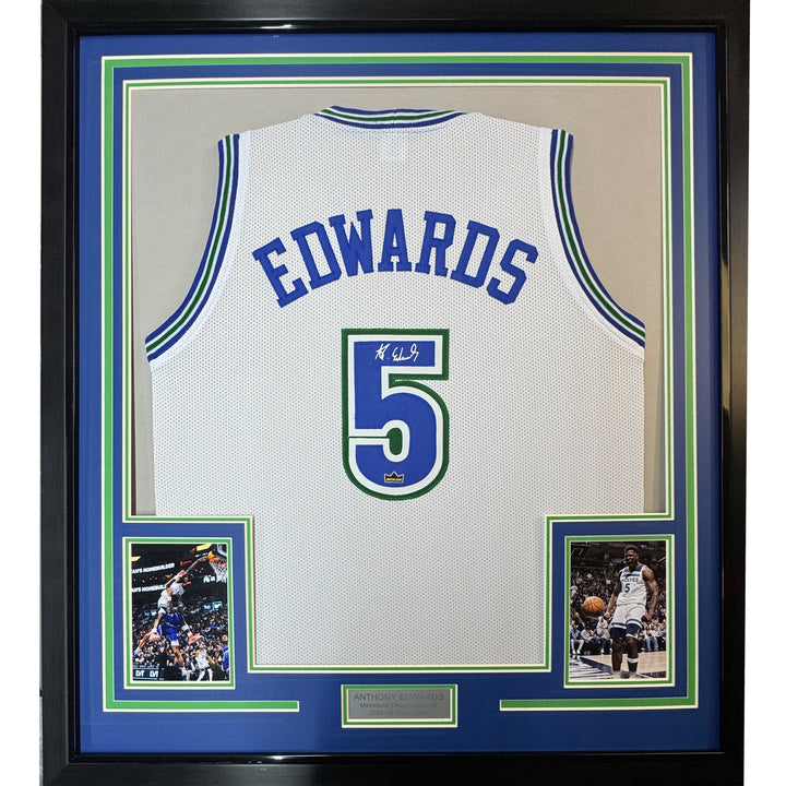 Framed Facsimile Autographed Anthony Edwards 35x39 White Retro Reprint Jersey