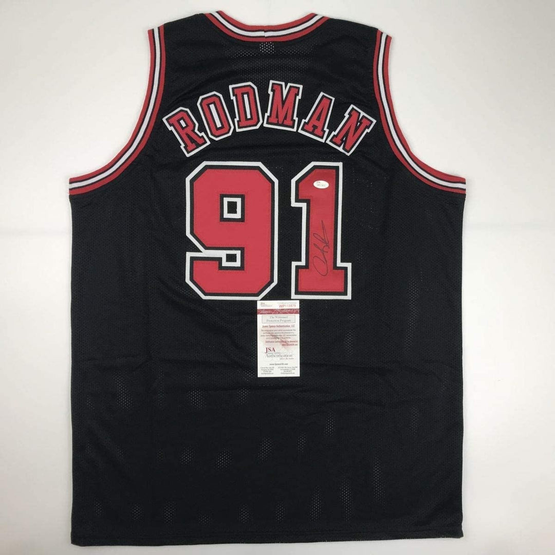 Autographed/Signed DENNIS RODMAN Chicago Black Jersey JSA COA Auto