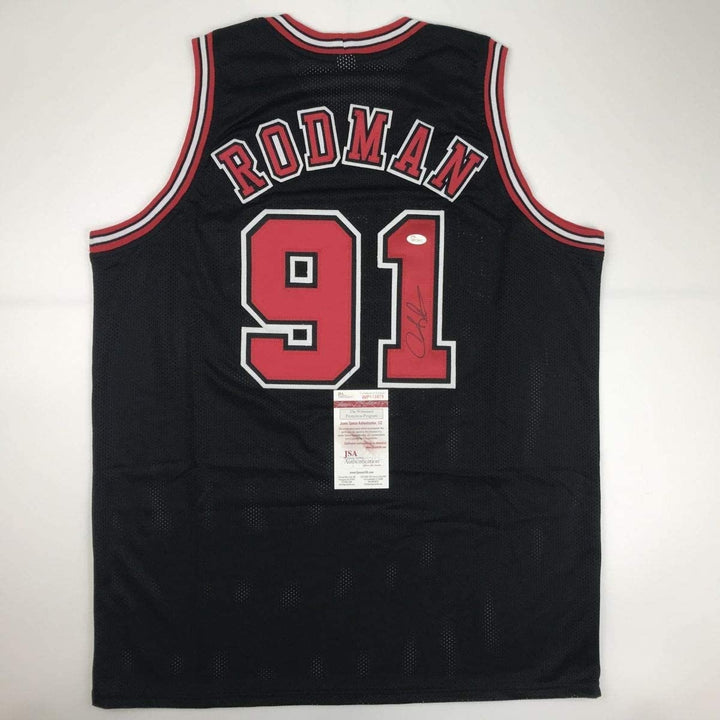 Autographed/Signed DENNIS RODMAN Chicago Black Jersey JSA COA Auto