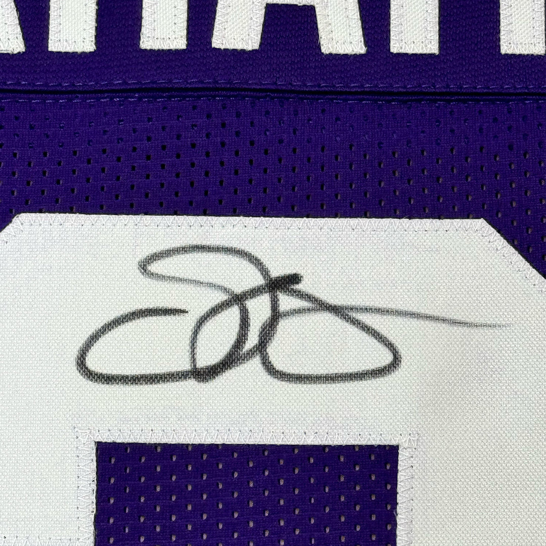 Framed Autographed/Signed Odell Beckham Jr. 33x42 Purple College Jersey JSA COA