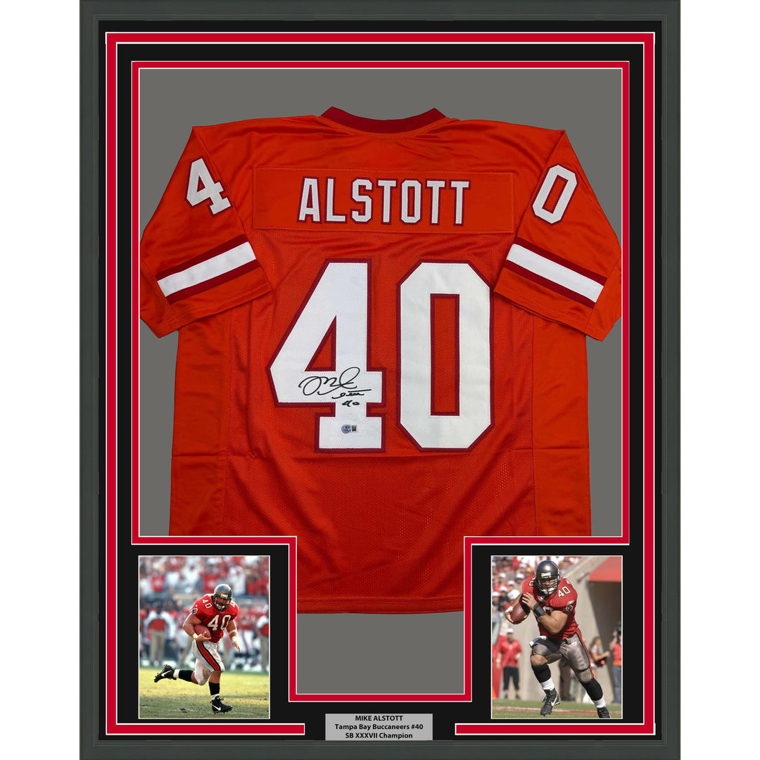 Framed Autographed/Signed Mike Alstott 35x39 Tampa Bay Orange Jersey Beckett COA