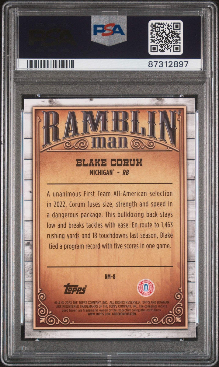 Graded 2023 Bowman U Chrome Blake Corum #RM8 Ramblin Man RC Football Card PSA 10