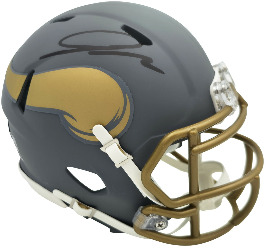 Jordan Addison Signed Vikings Slate Silver Speed Mini Helmet (In Black) Beckett