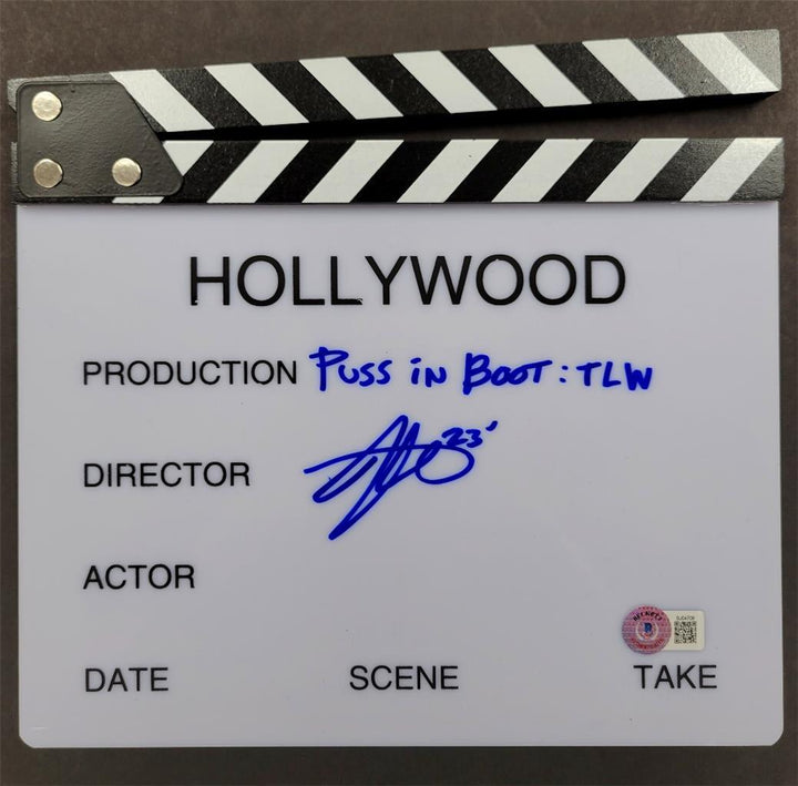 Joel Crawford signed Directors Clapboard Clapperboard Puss in Boots BAS Beckett