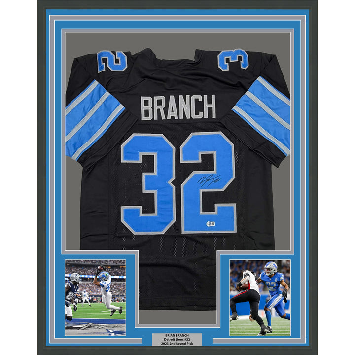 Framed Autographed/Signed Brian Branch 35x39 Detroit Black Jersey Beckett COA