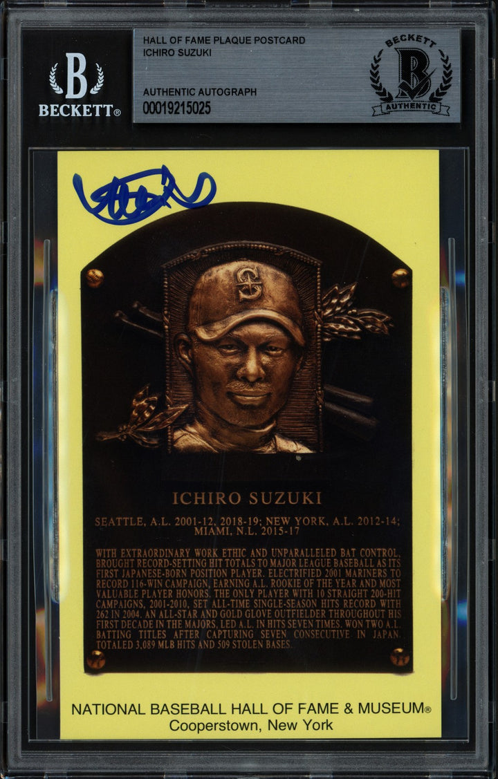 Ichiro Suzuki Signed HOF Plaque Postcard Seattle Mariners Beckett
